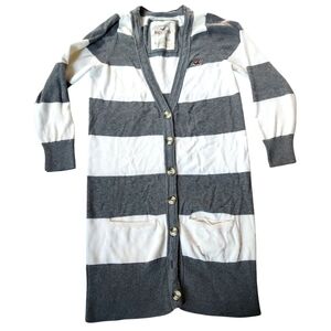 2010s Hollister White & Grey V Neck Button Up Sweater Cardigan Size L